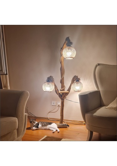 Ev Ofis İçin Uzun Ahşap Sarı Ledli 3 Ampul Lambader Aplik Abajur