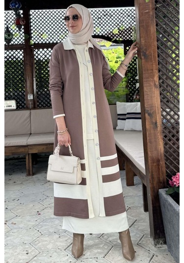 İmge Çizgili Triko Hırka Sütlü Kahve Çok Renkli