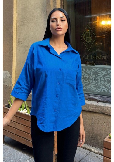 Saks Truvakar Kol, Oval Kesim, Terletmez, Flamlı Keten Salaş Gömlek Saks