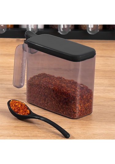 Porsima 1183 Standlı Kaşıklı Kapaklı Baharatlık Seti 6 'lı Siyah