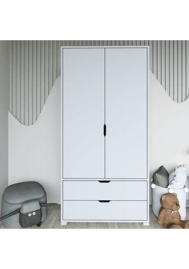 Duru 90 Cm Mat Beyaz 2 Kapılı 2 Çekmeceli Elbise Dolabı - Gardırop Beyaz