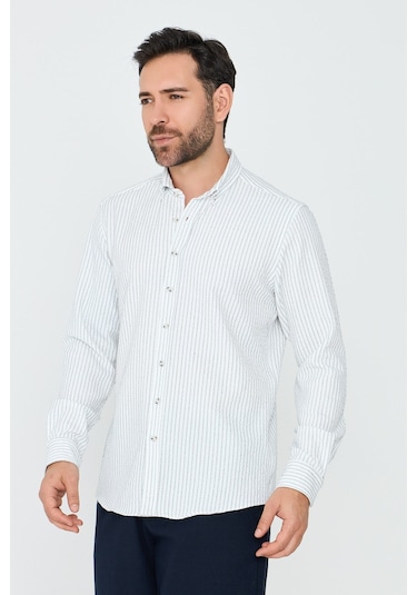 White Stone Beyaz Çizgili Dynamic Fit Erkek Uzun Kollu Gömlek