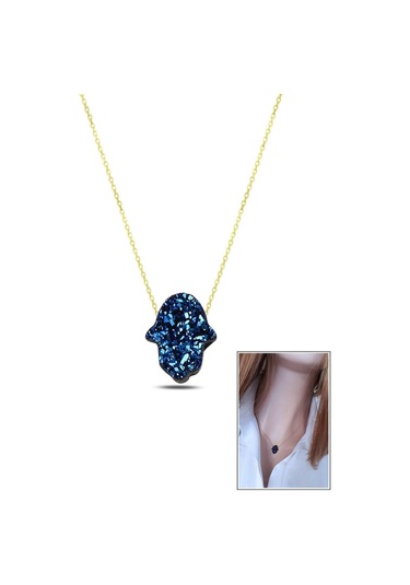 Lacivert Pırıltılı Reçine Taşlı El Yapımı Fatma Eli Kolye 925 Ayar Gümüş Altın Kaplama Altın