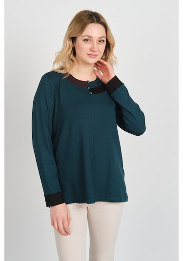 Detay Triko Kadın Boncuk Süslemeli Bisiklet Yaka Yanları Yırtmaçlı Anne Bluz 5723 Zümrüt Zümrüt