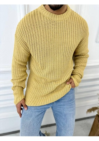 Kazak Oversize Çift Kat Zincir Örgü Naturel Pamuk Bol Kesim Tüylenmez Triko Kazak Hardal