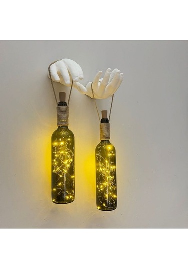 El Yapımı Heykel El Dekorlu Led Işıklı Yeşil Şarap Şişesi Aplik 2 Çok Renkli