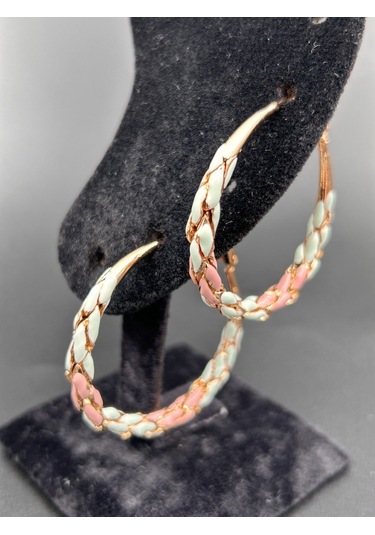 Çelik Yuvarlak Halka Mavi Yeşil Örgü Model Günlük Abiye Rose Gold Küpe