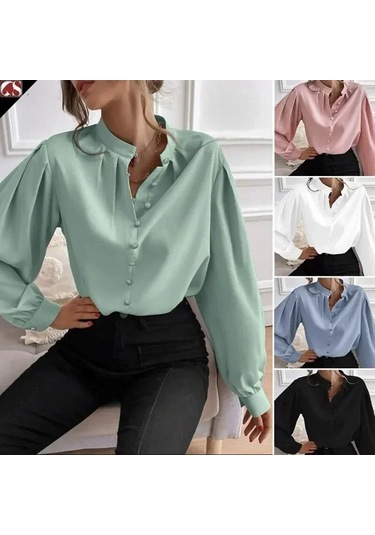 Yarım Açık Yaka Bluz 2023 Sonbahar Gömlek Kadın Düz Renk Gevşek Uzun Fener Kollu Zarif Giysiler Blusas Tops 29732 Beyaz