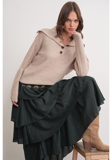 6900 Kadın Düğmeli Devrik Yaka Triko Kazak Bej Bej