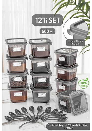 Meleni Home 12'li Set Sızdırmaz Kapaklı Kare Erzak Saklama Kabı Antrasit 12 X 0.50 Lt Etiketli