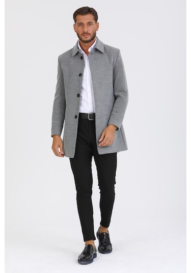 Erkek Açık Gri Dar Kesim Yün Karışımlı Kaşe Gömlek Yaka Kaban-Açık Gri