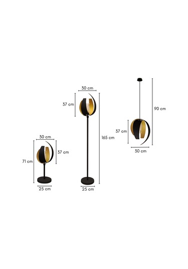 Aurum Koleksiyonu 4'lü Aydınlatma Seti 2 Abajur, 1 Lambader, 1 Sarkıt Siyah - Gold