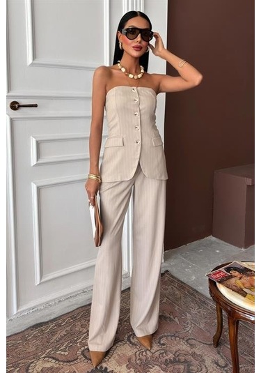 Straplez Büstiyerli Plazzo Pantolonlu Çizgili Takım 10151 Bej
