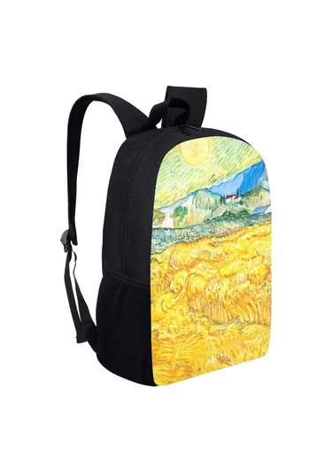 Genç Erkek Kız Polyester Kumaş Çok Renkli Graffiti Sırt Çantası Van Gogh Buğday Tarlası Tasarımı Siyah