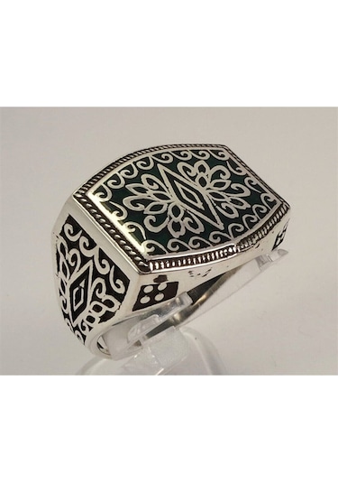 Vog Otantik Selçuklu Motifli Yeşil Mineli 925 Ayar Gümüş Erkek Yüzük