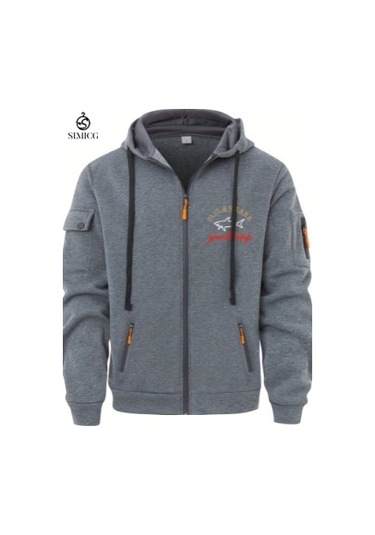 Erkek Sonbahar Ve Kış Fermuarlı Kapüşonlu Sweatshirt Açık Gri