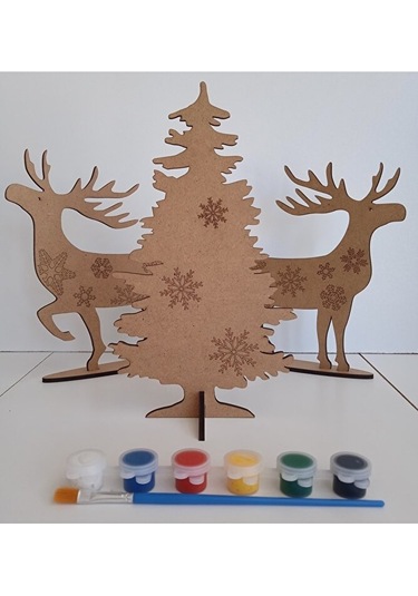 Geyik Ve Ağaç 3d Yapboz Yeni Yıl Temalı Ahşap Boyama Seti