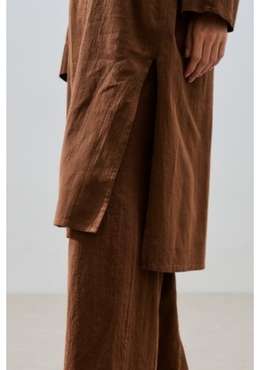 Dokulu Düğmeli Uzun Tunik Kahverengi Kahverengi