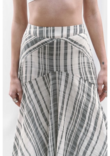 Peigi Çizgili Parçalı Siyah Midi Etek Siyah