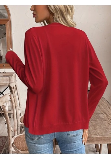 Kadın Uzun Kollu Önden Düğmeli Triko Ceket Kırmızı