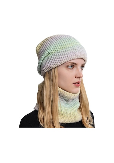 Kadın Kışlık Örgü Şapka Ve Snood Seti, Degrade Desenli Soğuk Hava İçin Sıcak Tutan Bere Atkı Takımı Çok Renkli