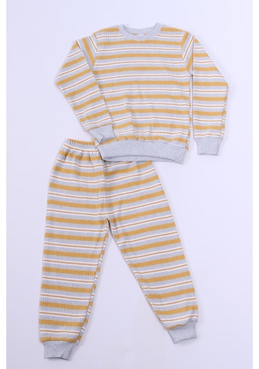 Hçm Erkek Çocuk Pijama Takımı Çizgili Ribanalı A35 Sarı