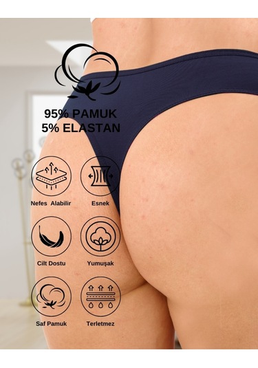 Alya Underwear Kadın Bato Tanga Pamuklu Külot, Büyük Beden String, 5'li Paket- 2 Siyah, 1 Beyaz, 2 Ten P14