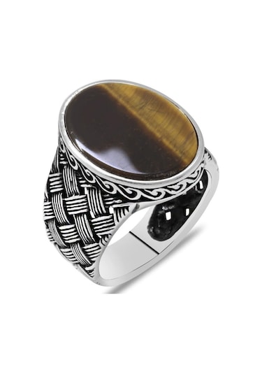 925 Ayar Gümüş Örgü Desen Düz Kaplan Gözü Taşlı Erkek Yüzük - 516126941