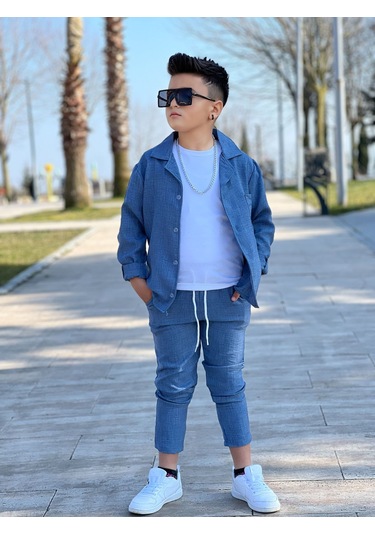 Modavals Kol Katlamalı Keten Gömlek & Beli Lastikli Keten Pantolon & Pamuklu Tshırt & Zincir Aksesuar 4lü Keten Erkek Çocuk Takım Mavi Modavals Kol Katlamalı Keten Gömlek & Beli Lastikli Keten Pantolon & Pamuklu Tshırt & Zincir Aksesuar 4lü Keten Erkek Çocuk Takım Mavi