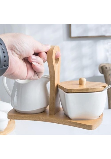 Seramik Şeker Kasesi Ve Krem Sürahisi Bambu Tepsisi Ve Kaşıkla Set Ev Otel Şeker Ve Krema Seti Şeker Ve Amp Krema Tencere 4 Izgara