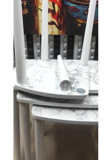 4 Lü Mdf Lam Ahşap Zigon Sehpa Beyaz Mermer