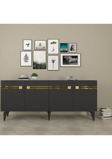 Vie Konsol Tv Sehpası Çok Amaçlı Dolap 150 Cm Antrasit Altın