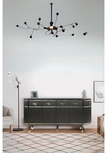 Maya Antrasit Gümüş Lüks Konsol 4 Kapaklı Şerit Detaylı Metal Ayaklı Tasarım 180x45x84 Cm