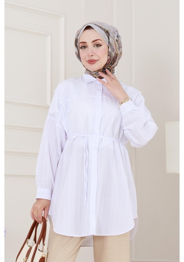 Sevitli Önü Ekli Bol Kalıp Tunik-beyaz-5203 Beyaz