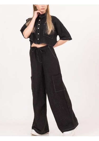 Kız Çocuk Gömlek Ceketli Bol Paça Pantolonlu Takım-13850 Siyah