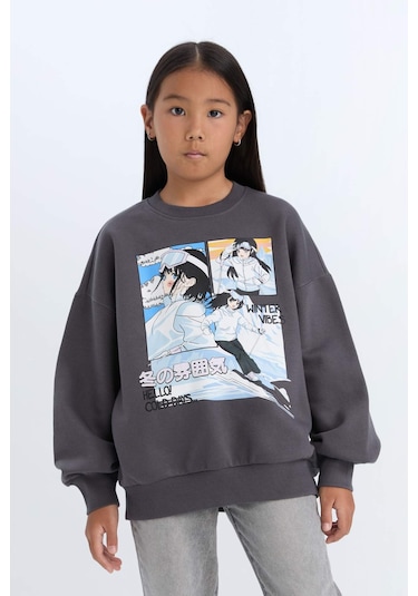 DeFacto Kız Çocuk Oversize Geniş Kalıp Bisiklet Yaka Baskılı Sweatshirt D7054A824WNAR148 Antrasit DeFacto Kız Çocuk Oversize Geniş Kalıp Bisiklet Yaka Baskılı Sweatshirt D7054A824WNAR148 Antrasit