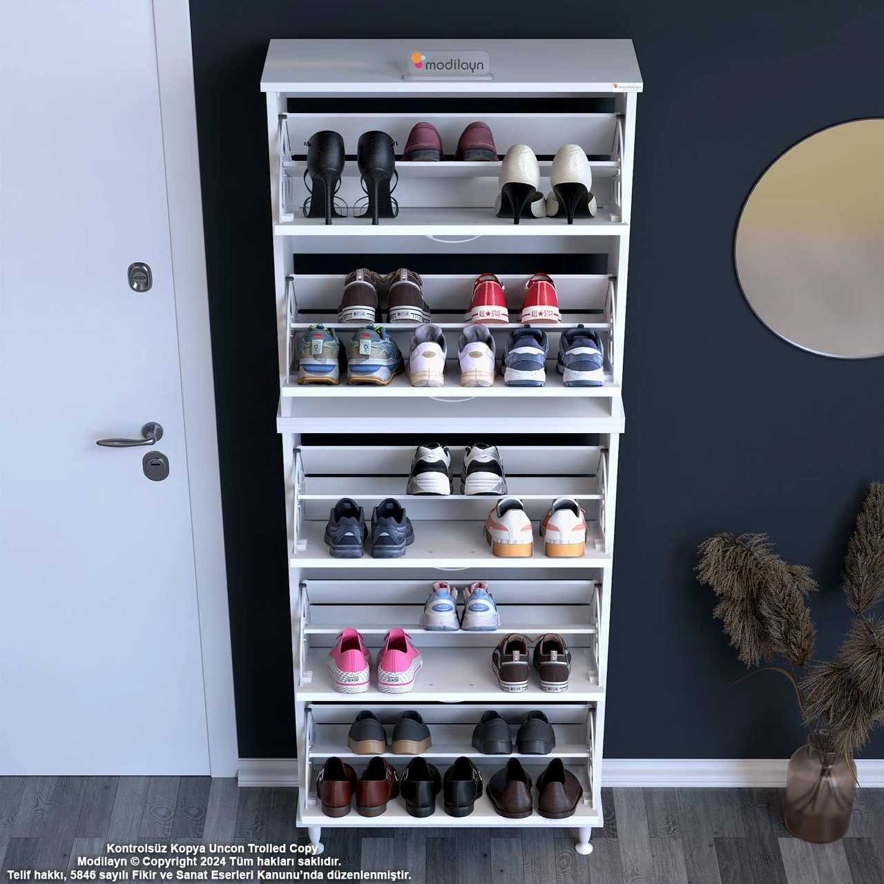 Asil 2 Li Antre Beyaz Renk Ayakkabılık 52 Cm 5 Düşer Kapak 10 Raflı Ayakkabılık 52 X193x 25,5 Cm Beyaz