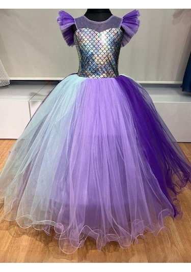 Kız Çocuk Deniz Kızı Tarlatanlı Abiye Elbise-13691 Mor