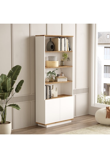 Robin Home Loft Kitaplık Raf 2 Kapaklı Raflı 168cm Çam-Beyaz