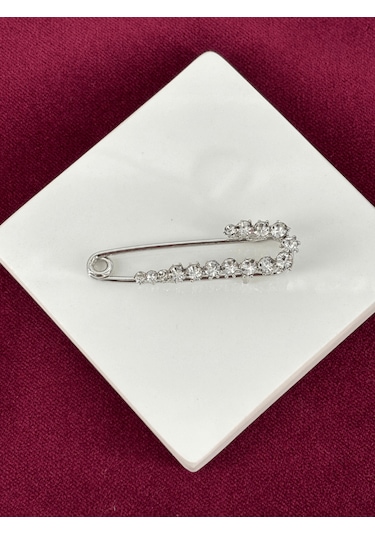 Minimal Parlak Taşlı Çengelli İğneli Silver Broş Silver