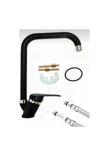 Vsa Siyah Köşe Boru Mix Mutfak Evye Bataryası 5 Yıl Garanti Musluk Siyah