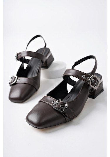 Muggo Yuqi Arkası Açık Küt Burun Çift Kemerli Kadın Günlük Klasik Kısa Topuklu Ayakkabı Kahverengi