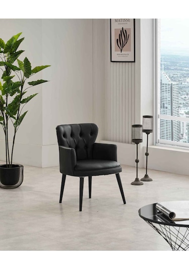 Garden House Tekli Siyah Deri Ahşap Ayaklı Ofis Koltuğu Kafe Koltuğu Sandalye Berjer Siyah