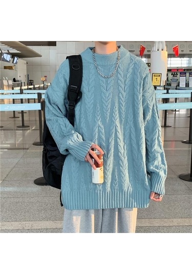 Novahub Yeni Erkek Moda Giyim Örgü Kazak Polar İlkbahar Sonbahar Gevşek Düz Renk Gençler Erkek Için Tops Kazak Uzun Kollu Kalın Erkek Kazak Mavi - L Mavi
