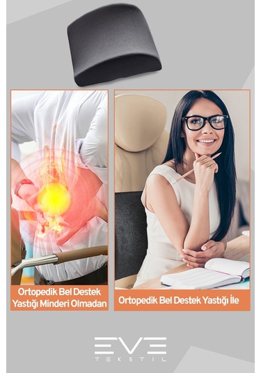 Eve Tekstil Oto Araç Sandalye Ofis Minderi Ortopedik Bel Minderi Fermuarlı Ortopedik Visco Sırt Yastığı