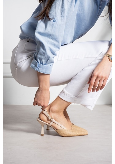Shoetek Garva Kadın Stiletto Yandan Bantlı Topuklu Ayakkabı Hasır Bej
