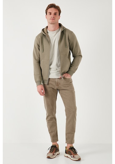 Buratti Regular Fit Kapüşonlu Fermuarlı Içi Tüylü Yumuşak Şardonlu Kışlık Erkek Sweat 5905340 Vizon Yeşili