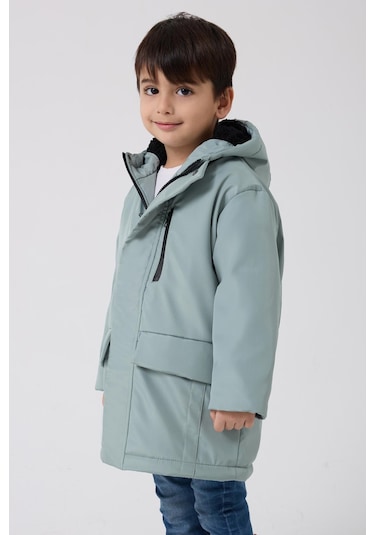 Erkek Çocuk Kürklü Su Ve Rüzgar Geçirmez Kapüşonlu 3 Kışlık Mont & Kaban & Parka Mint Yeşil