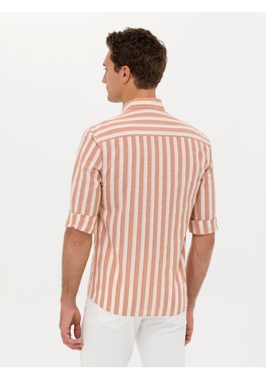 Cacharel Kiremit Slim Fit Uzun Kollu Çizgili Gömlek Kırmızı