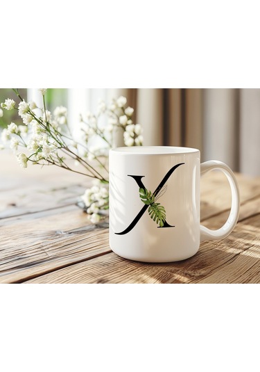 X Harf Zarif Yaprak Desenli Kupa Bardak - Naturel Sade Alfabe Harfli Bardak - Kişiye Özel Hediye Beyaz